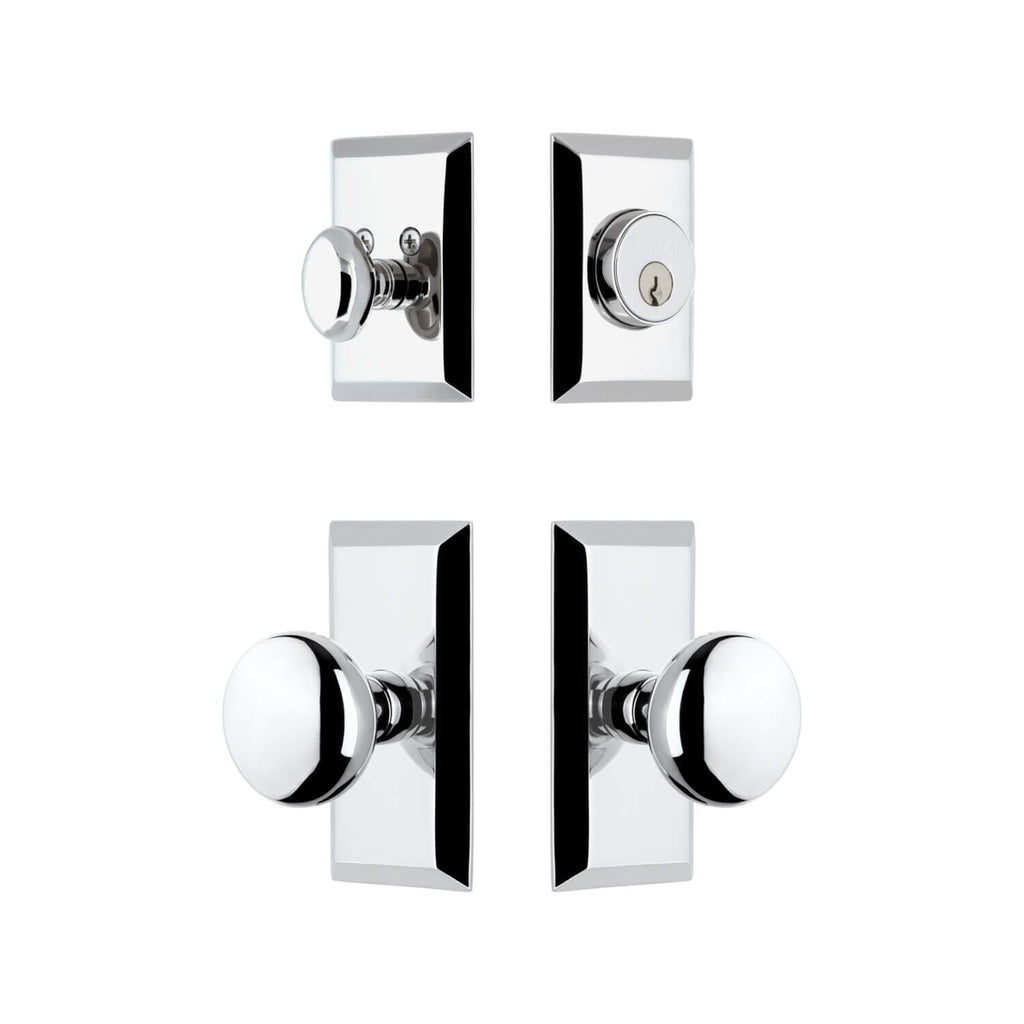 Fifth Avenue Short Plate Entry Set with Fifth Avenue Knob in Bright Chrome