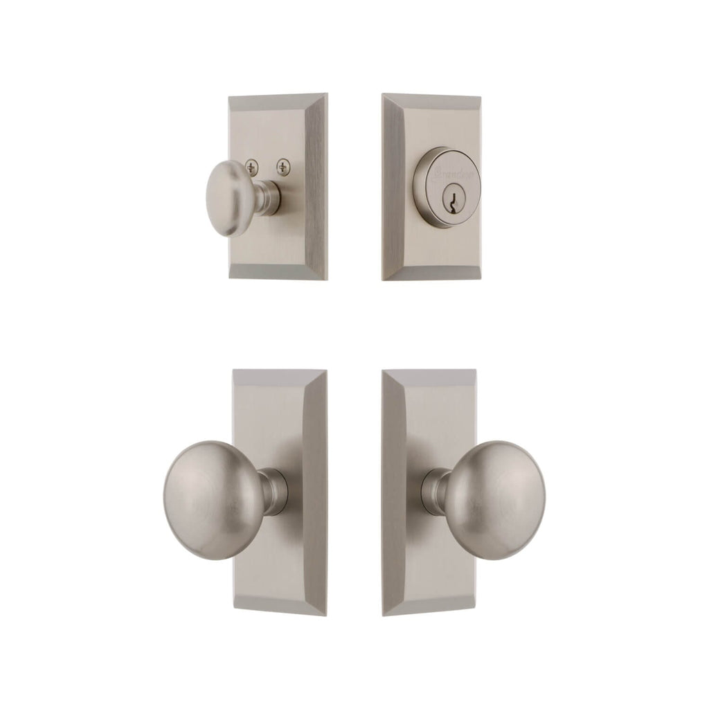 Fifth Avenue Short Plate Entry Set with Fifth Avenue Knob in Satin Nickel