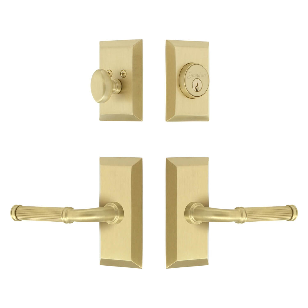 Fifth Avenue Short Plate Entry Set with Soleil Lever in Satin Brass