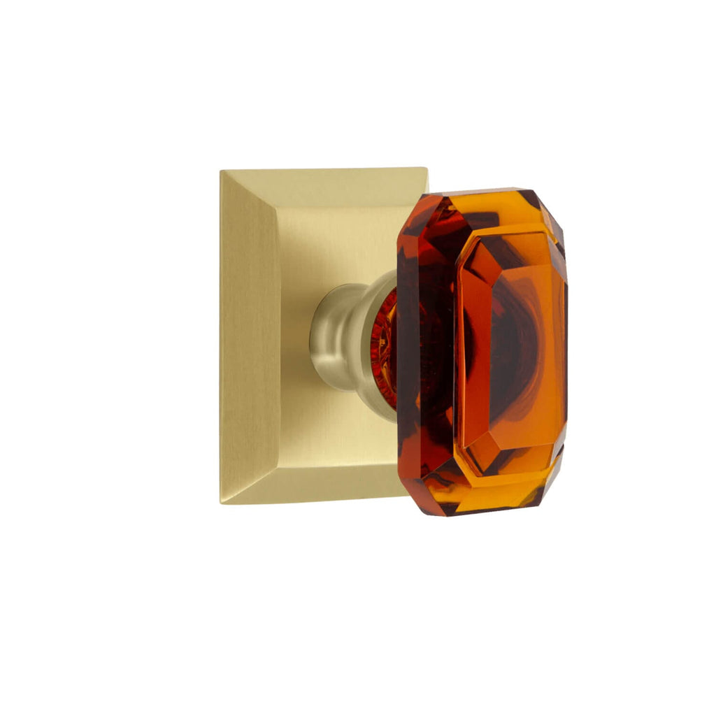 Fifth Avenue Square Rosette with Baguette Amber Crystal Knob in Satin Brass