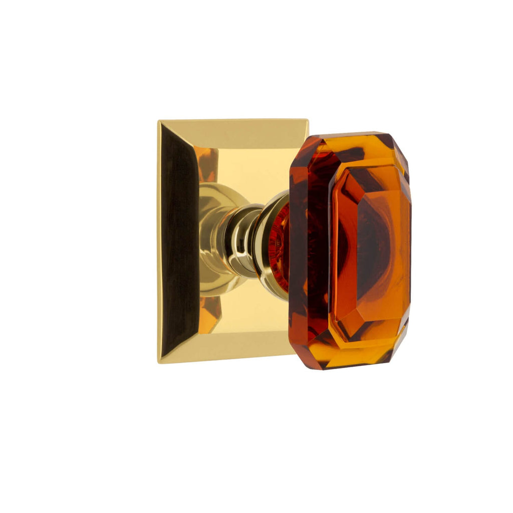 Fifth Avenue Square Rosette with Baguette Amber Crystal Knob in Lifetime Brass