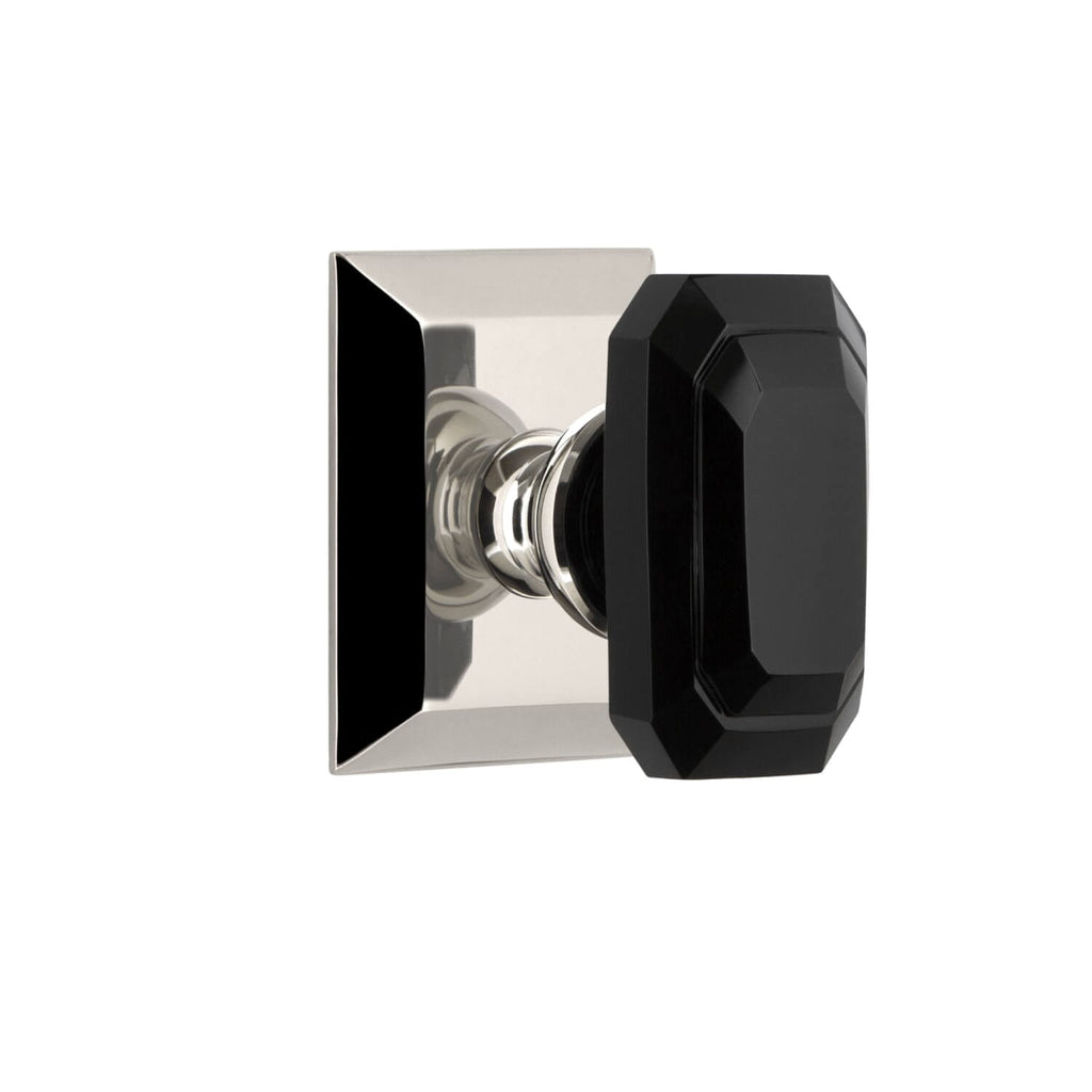 Fifth Avenue Square Rosette with Baguette Black Crystal Knob in Polished Nickel