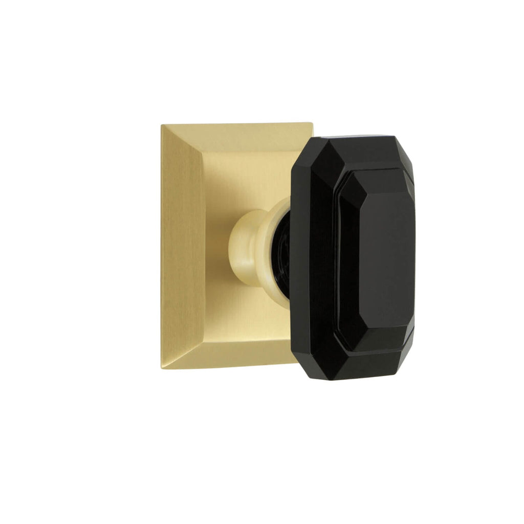 Fifth Avenue Square Rosette with Baguette Black Crystal Knob in Satin Brass