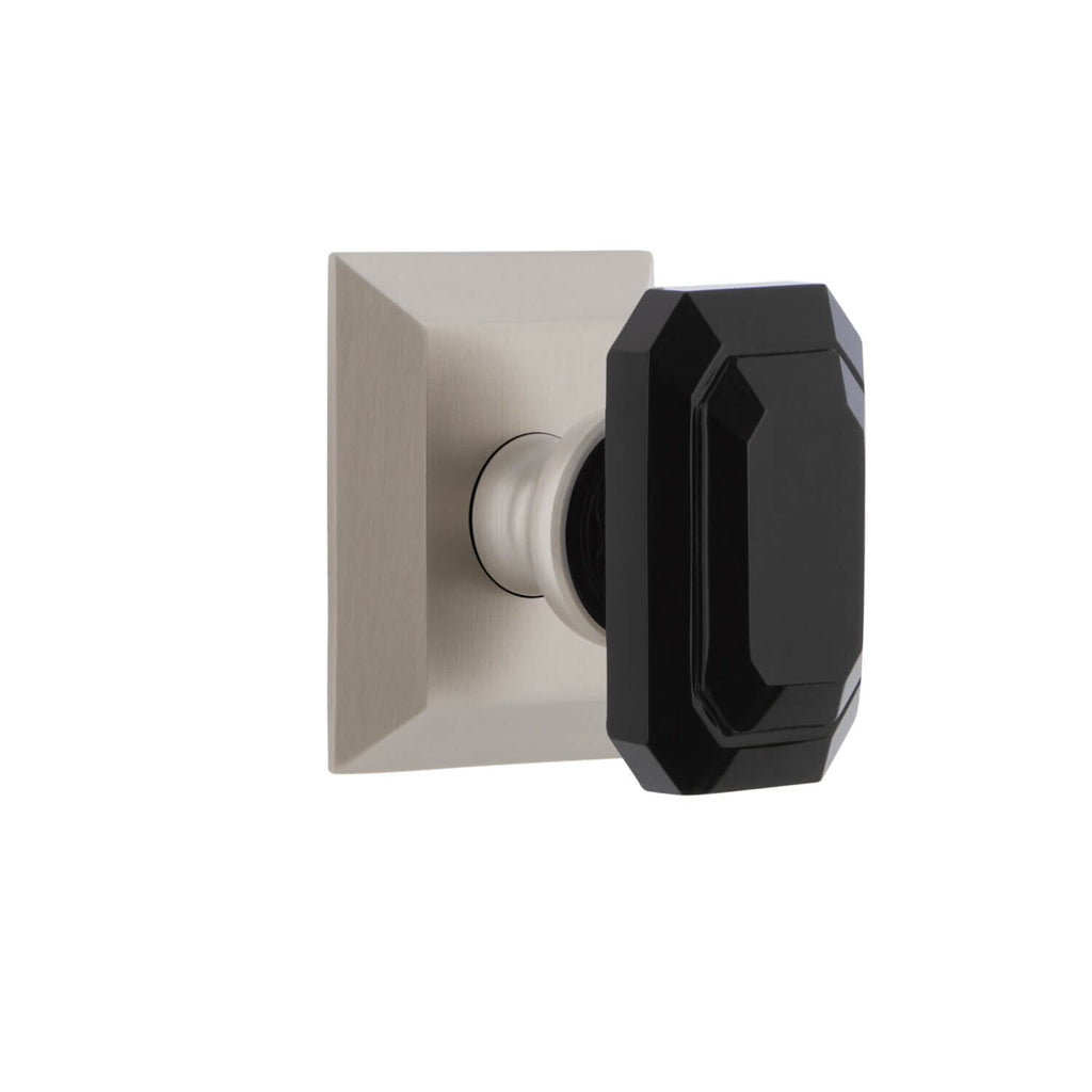 Fifth Avenue Square Rosette with Baguette Black Crystal Knob in Satin Nickel