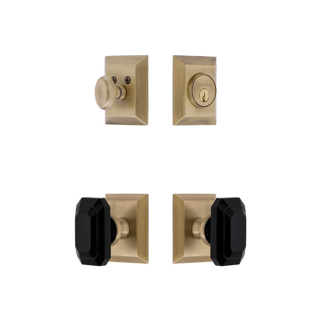 Fifth Avenue Square Rosette Entry Set with Baguette Black Crystal Knob in Vintage Brass