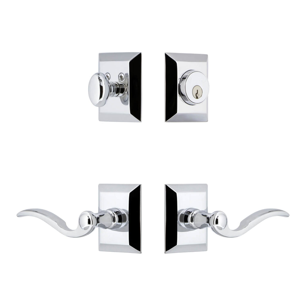 Fifth Avenue Square Rosette Entry Set with Bellagio Lever in Bright Chrome