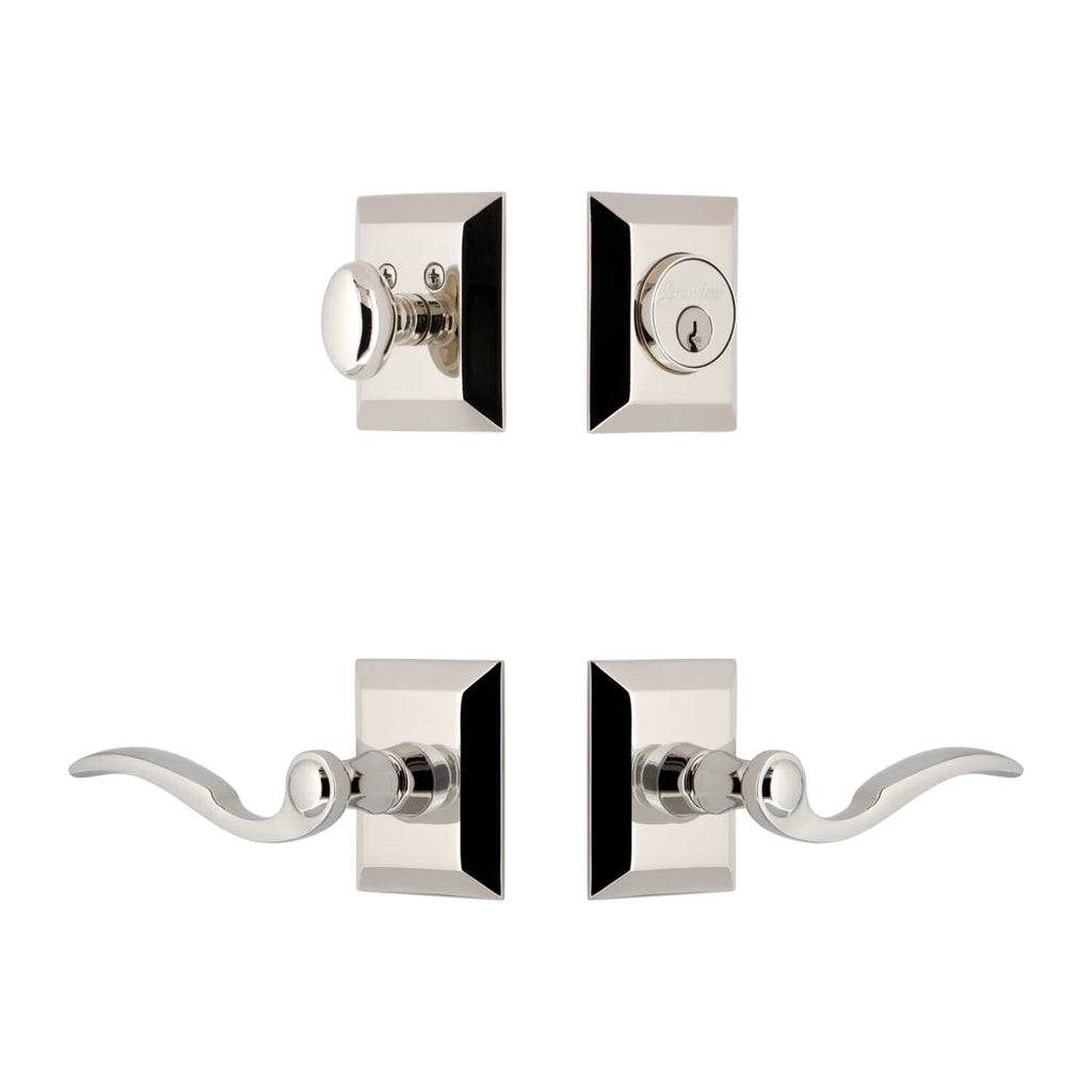 Fifth Avenue Square Rosette Entry Set with Bellagio Lever in Polished Nickel