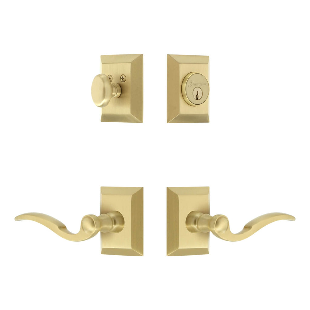 Fifth Avenue Square Rosette Entry Set with Bellagio Lever in Satin Brass