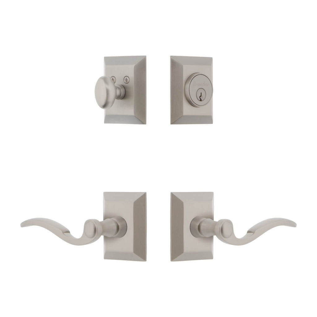 Fifth Avenue Square Rosette Entry Set with Bellagio Lever in Satin Nickel