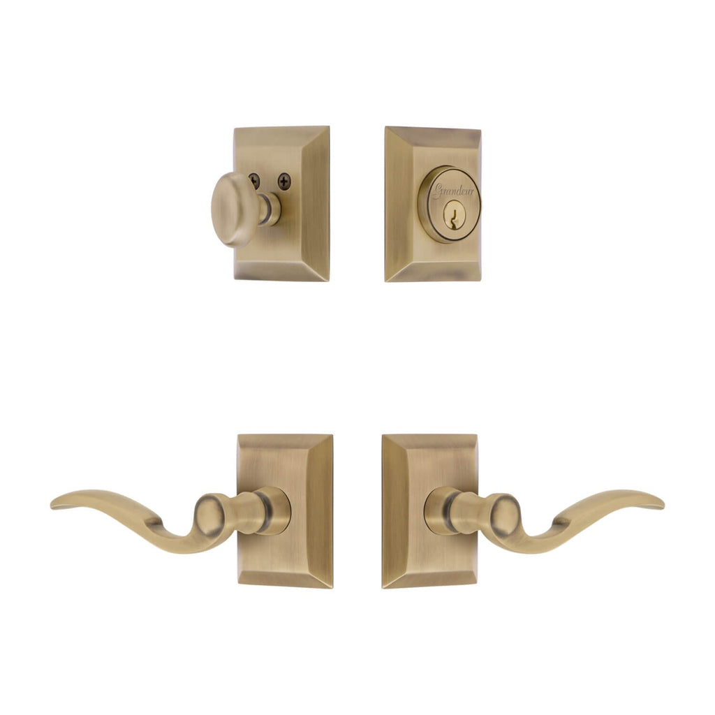 Fifth Avenue Square Rosette Entry Set with Bellagio Lever in Vintage Brass