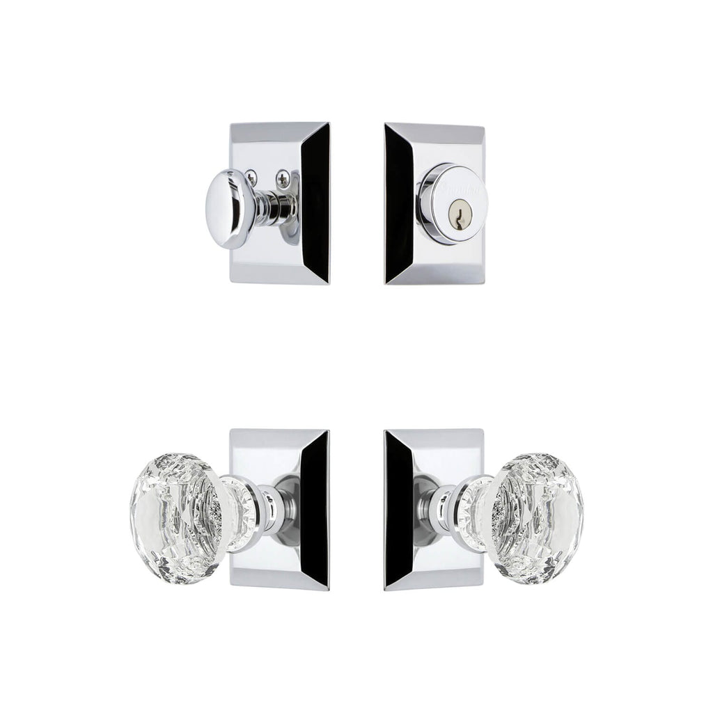 Fifth Avenue Square Rosette Entry Set with Brilliant Crystal Knob in Bright Chrome