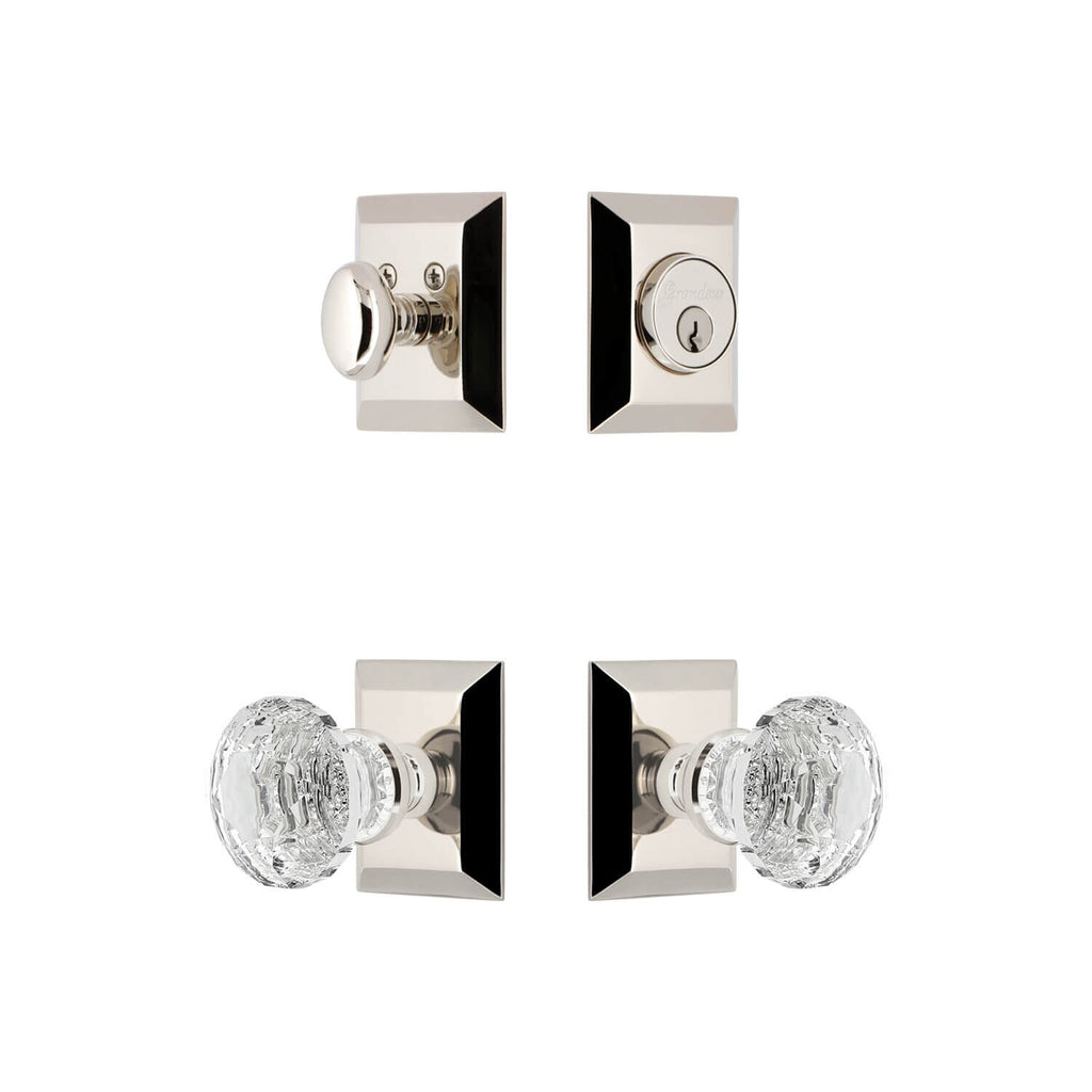 Fifth Avenue Square Rosette Entry Set with Brilliant Crystal Knob in Polished Nickel