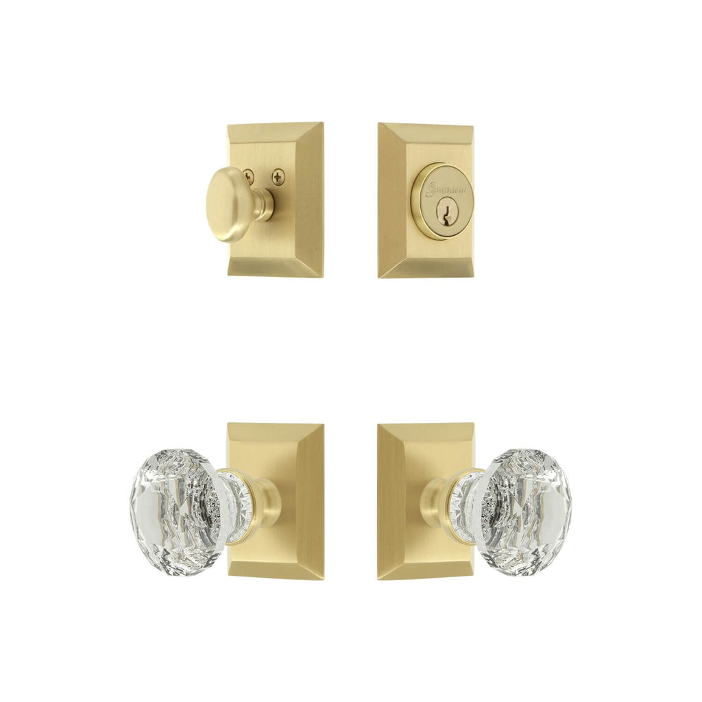 Fifth Avenue Square Rosette Entry Set with Brilliant Crystal Knob in Satin Brass