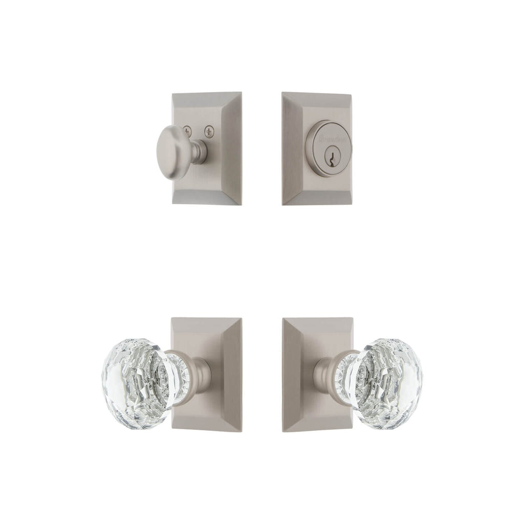Fifth Avenue Square Rosette Entry Set with Brilliant Crystal Knob in Satin Nickel