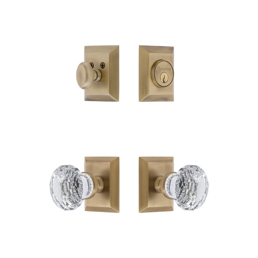 Fifth Avenue Square Rosette Entry Set with Brilliant Crystal Knob in Vintage Brass