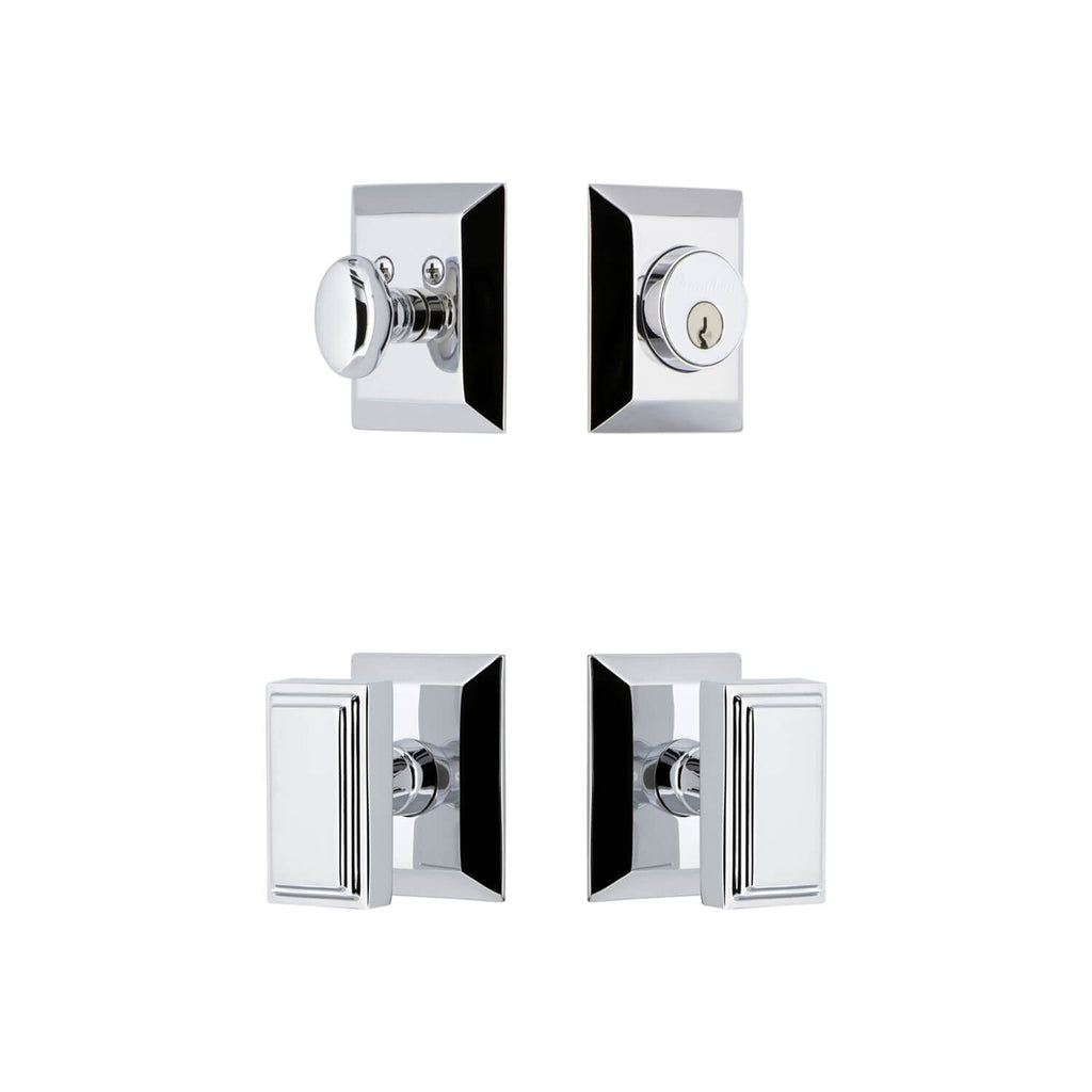 Fifth Avenue Square Rosette Entry Set with Carre Knob in Bright Chrome