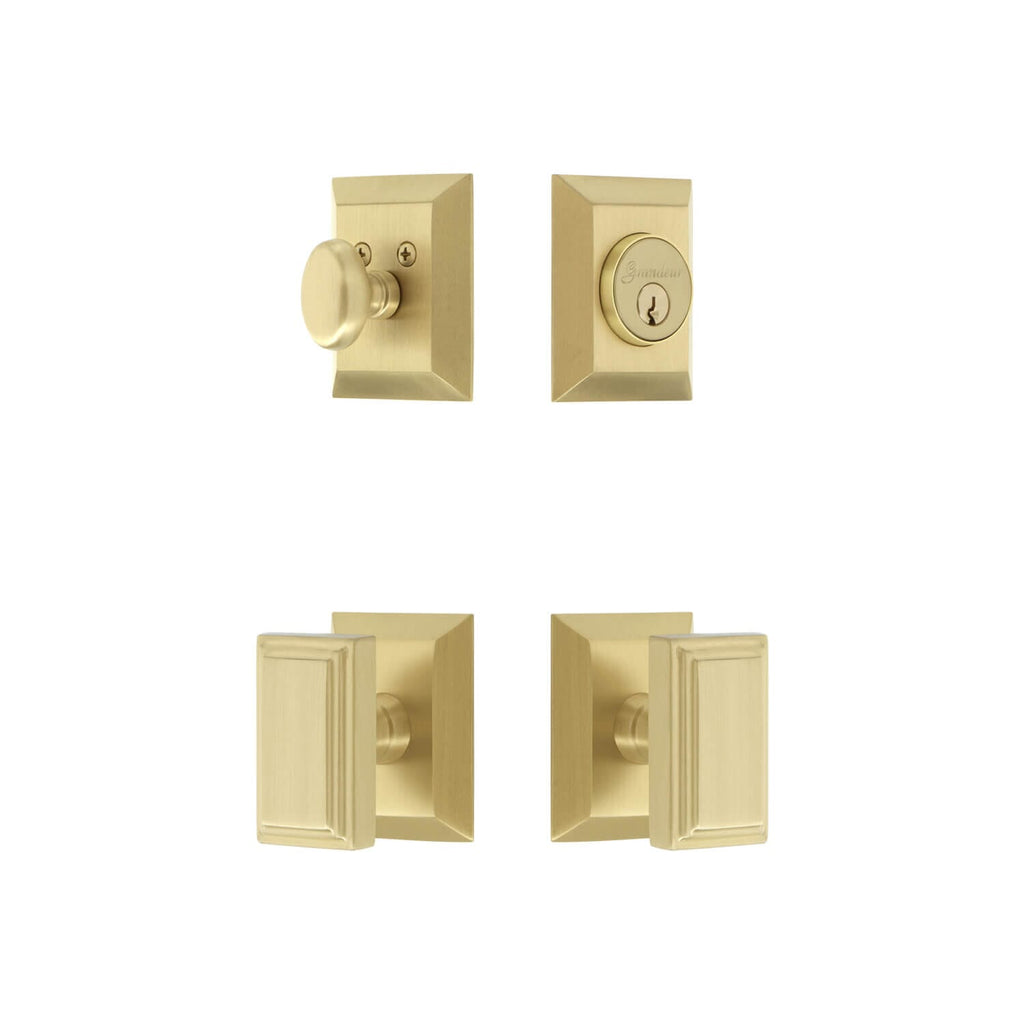 Fifth Avenue Square Rosette Entry Set with Carre Knob in Satin Brass