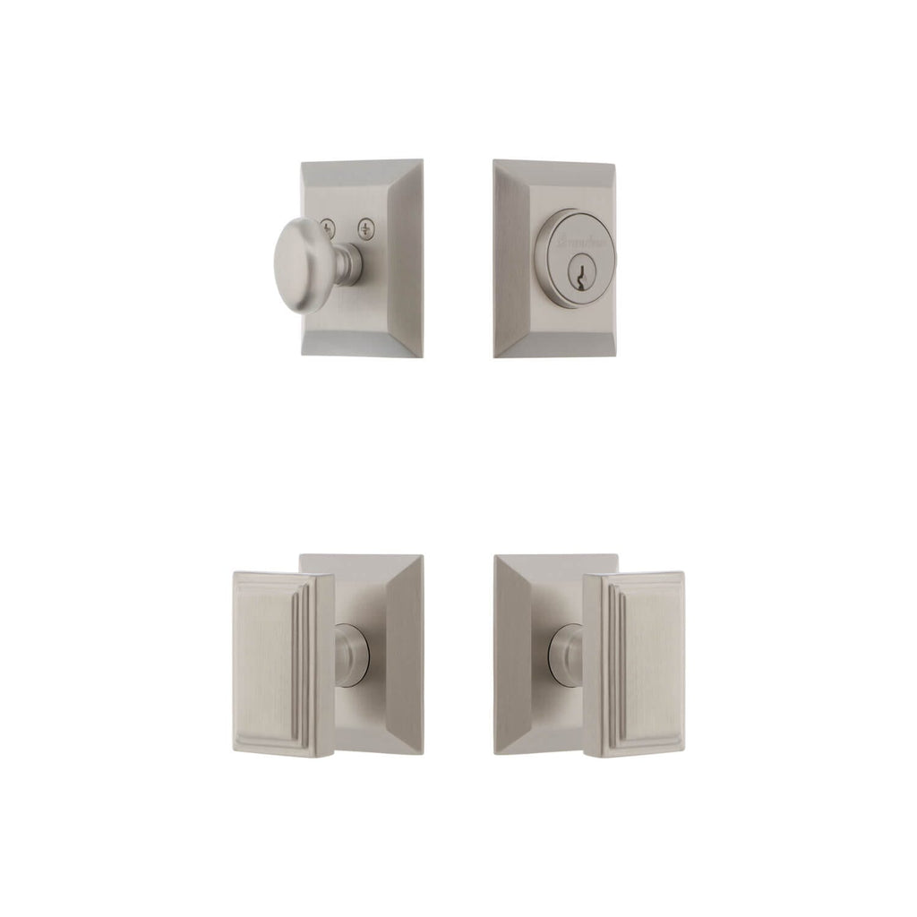 Fifth Avenue Square Rosette Entry Set with Carre Knob in Satin Nickel