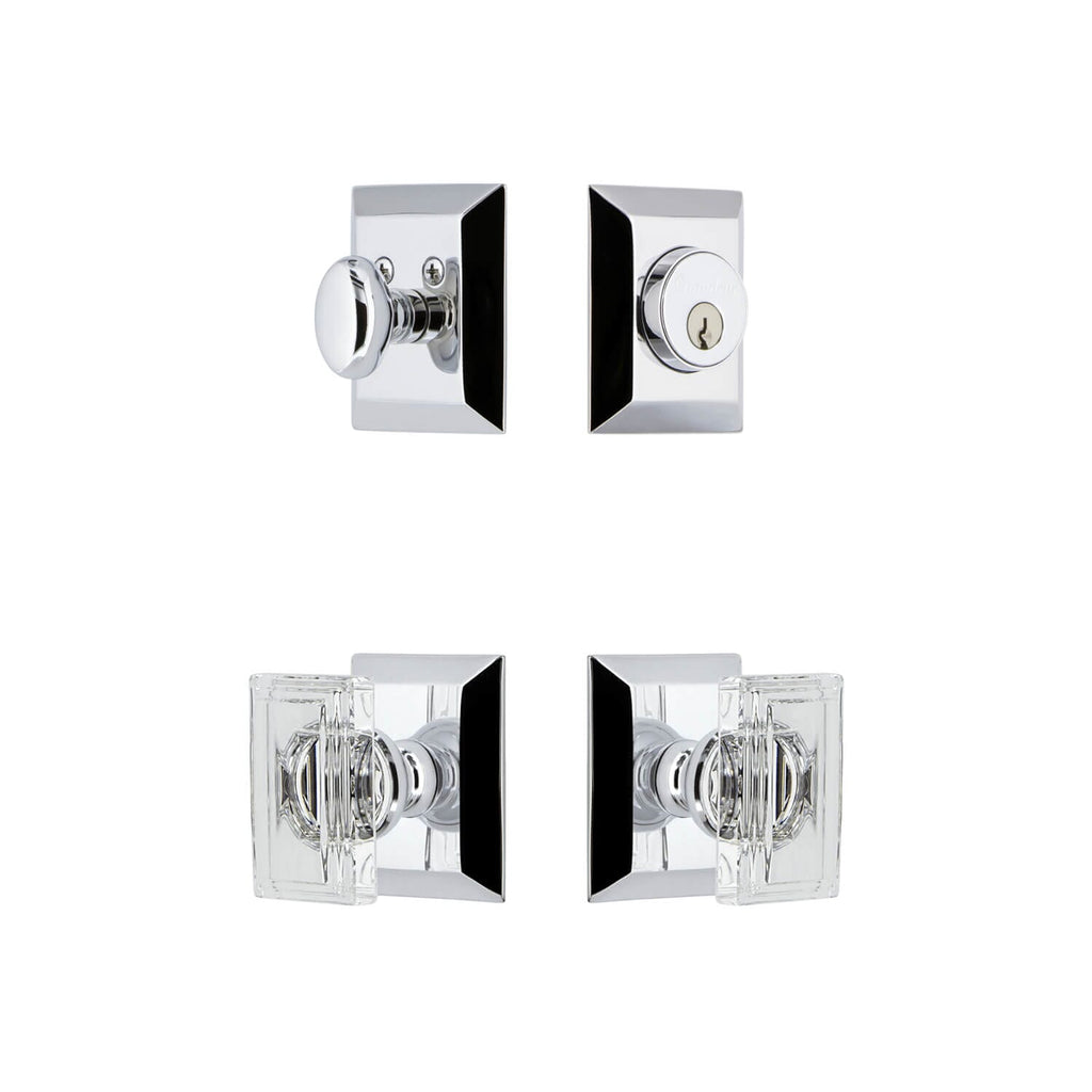 Fifth Avenue Square Rosette Entry Set with Carre Crystal Knob in Bright Chrome