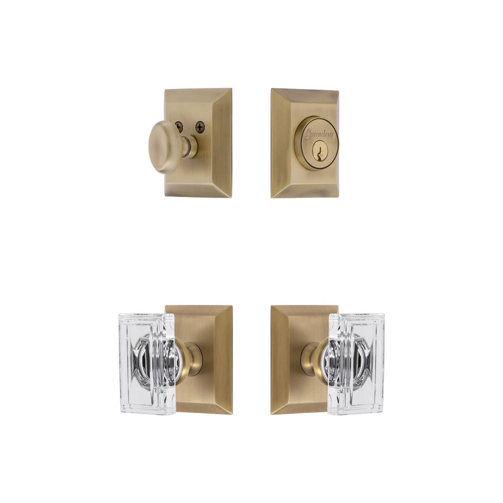 Fifth Avenue Square Rosette Entry Set with Carre Crystal Knob in Vintage Brass