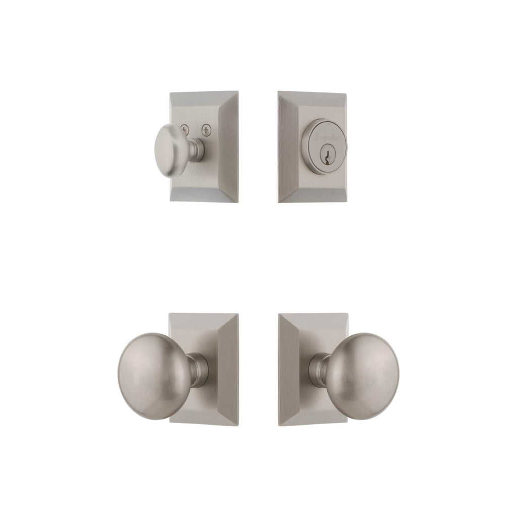 Fifth Avenue Square Rosette Entry Set with Fifth Avenue Knob in Satin Nickel