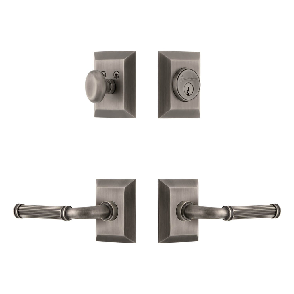 Fifth Avenue Square Rosette Entry Set with Soleil Lever in Antique Pewter