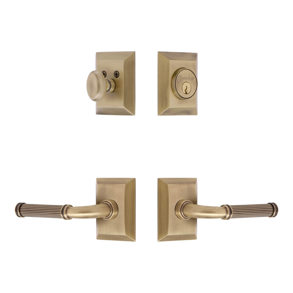 Fifth Avenue Square Rosette Entry Set with Soleil Lever in Vintage Brass