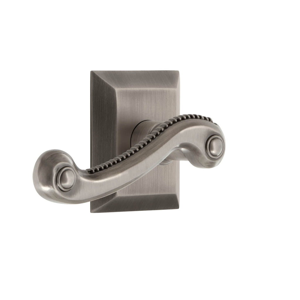 Fifth Avenue Square Rosette with Newport Lever in Antique Pewter