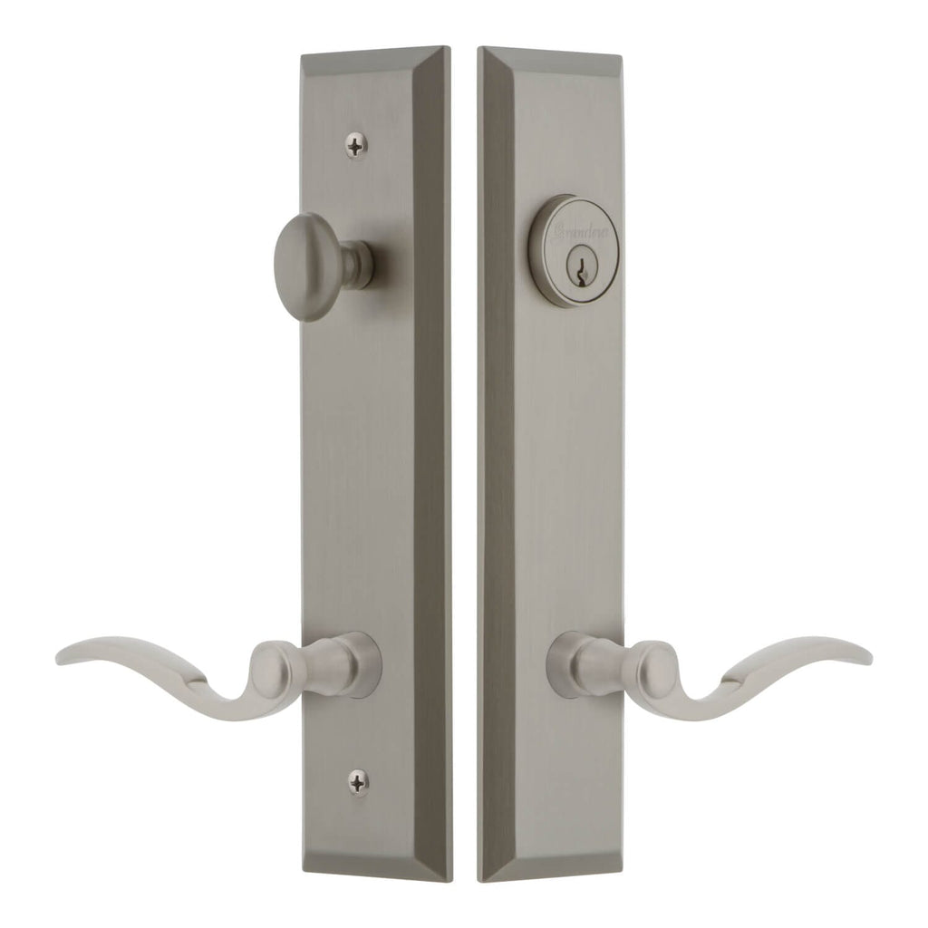 Fifth Avenue Tall Plate Entry Set with Bellagio Lever in Satin Nickel