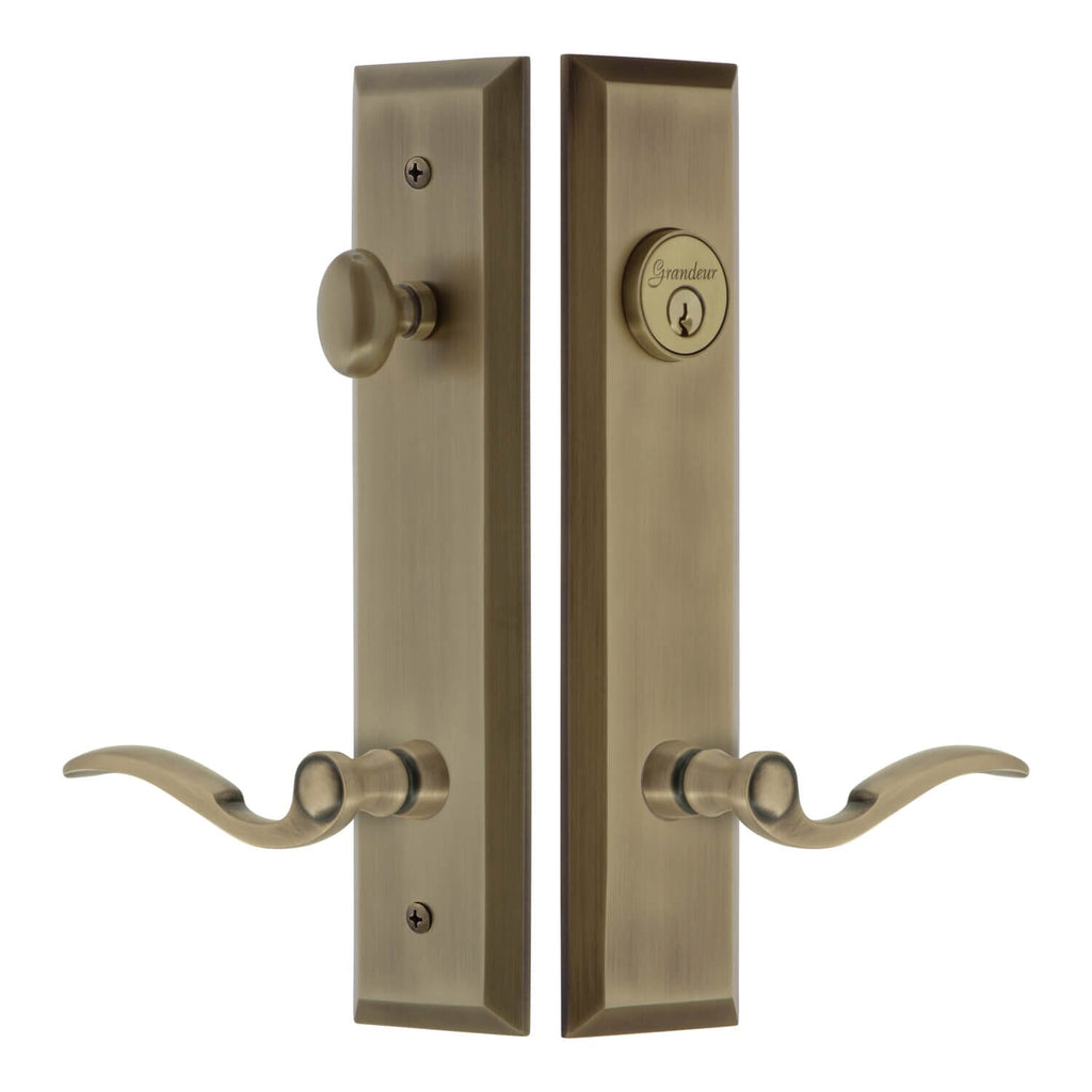 Fifth Avenue Tall Plate Entry Set with Bellagio Lever in Vintage Brass