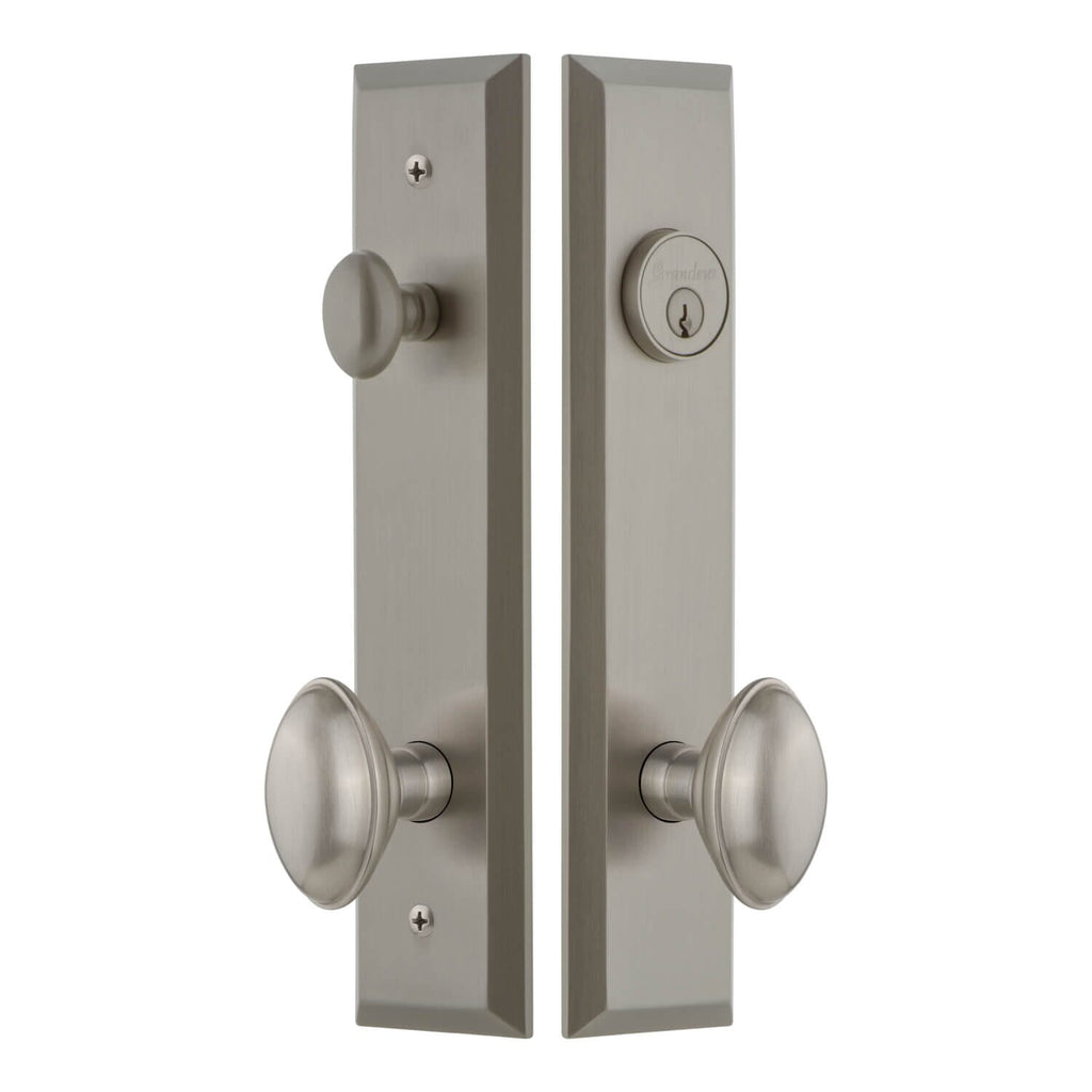 Fifth Avenue Tall Plate Entry Set with Eden Prairie Knob in Satin Nickel