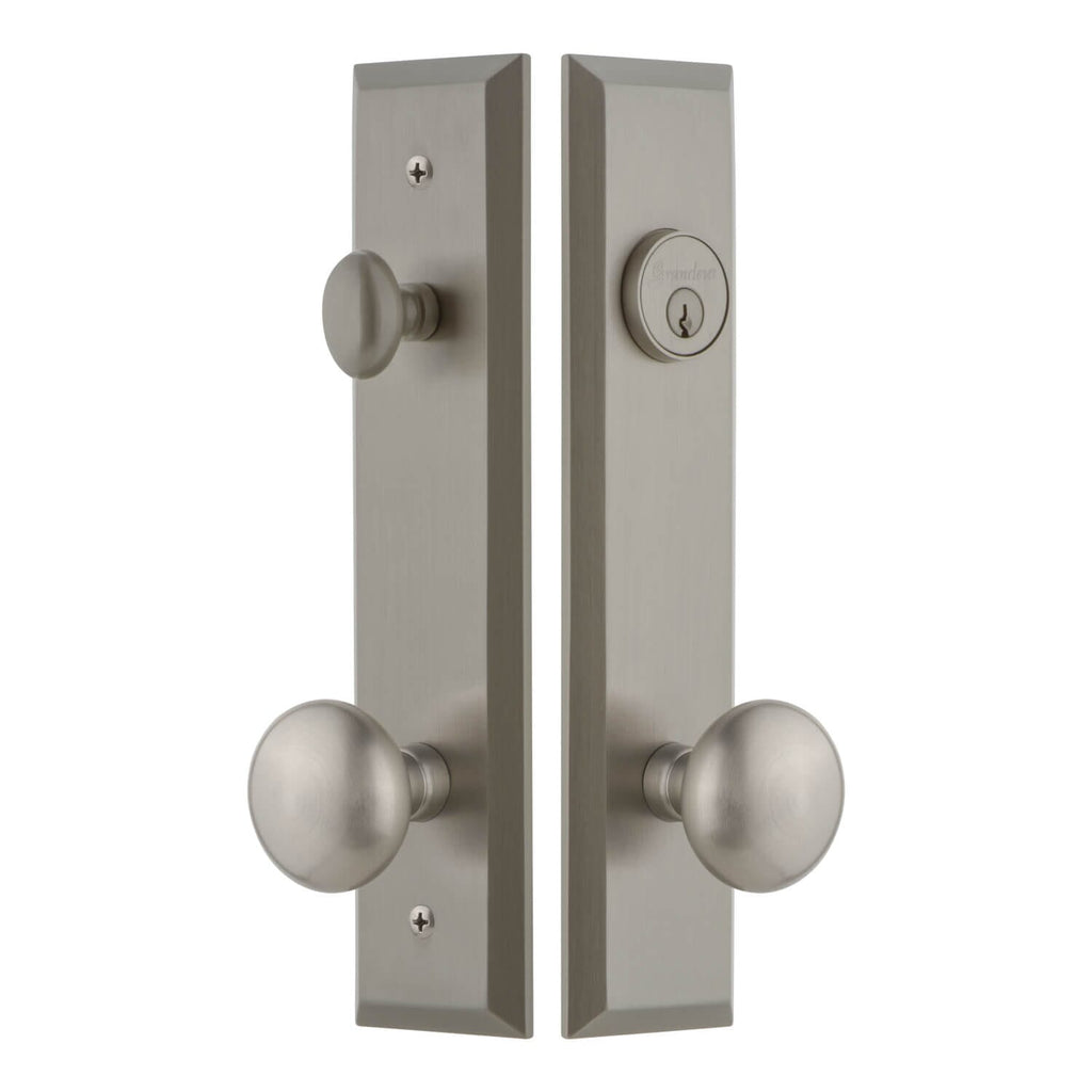 Fifth Avenue Tall Plate Entry Set with Fifth Avenue Knob in Satin Nickel