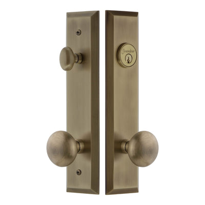 Grandeur Hardware Fifth Avenue Tall Plate Entry Set with Fifth Avenue Knob in Vintage Brass