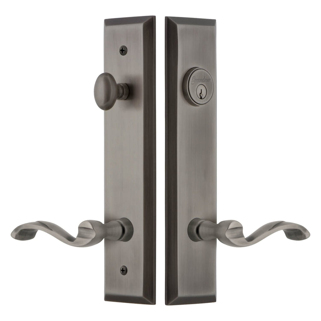 Fifth Avenue Tall Plate Entry Set with Portofino Lever in Antique Pewter