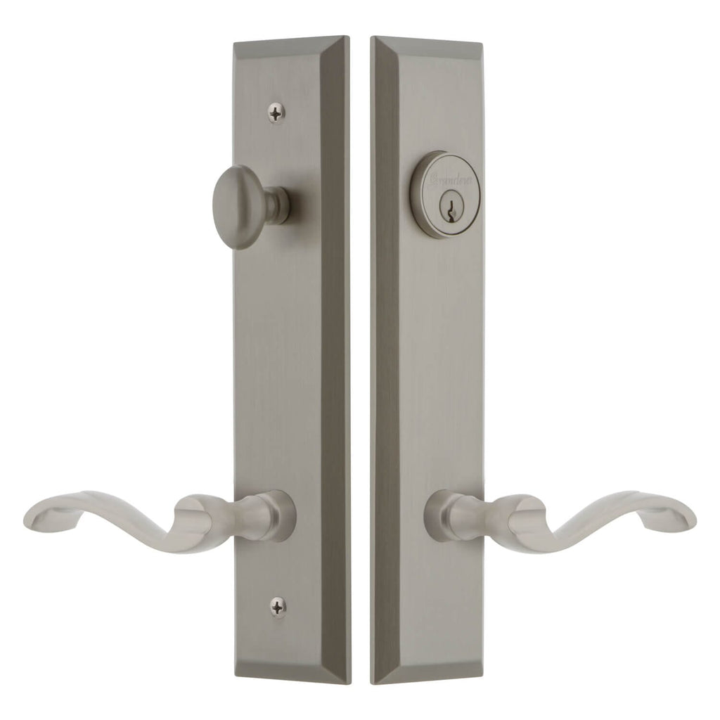 Fifth Avenue Tall Plate Entry Set with Portofino Lever in Satin Nickel