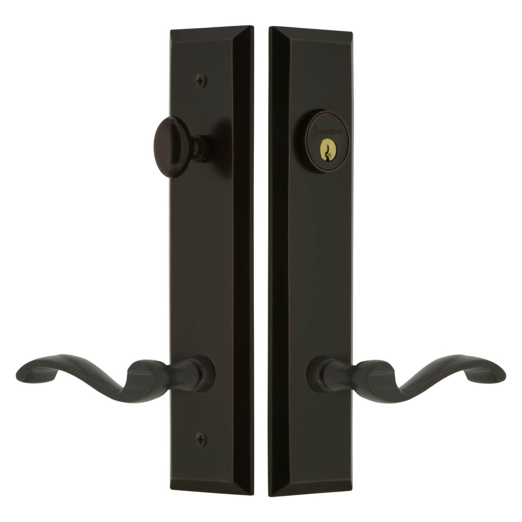 Fifth Avenue Tall Plate Entry Set with Portofino Lever in Timeless Bronze