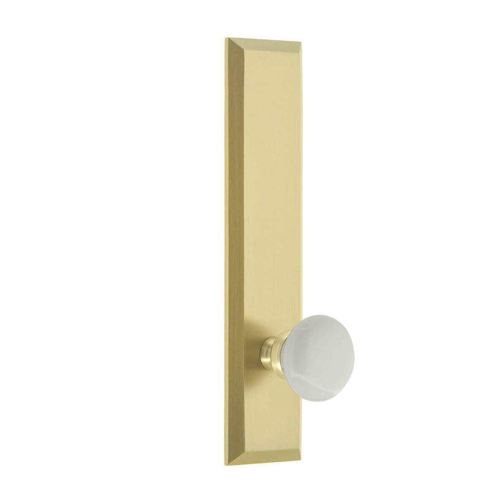 Fifth Avenue Tall Plate with Hyde Park Knob in Satin Brass