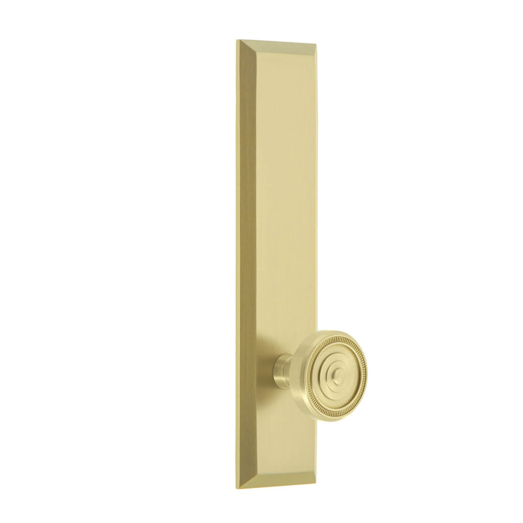 Fifth Avenue Tall Plate with Soleil Knob in Satin Brass