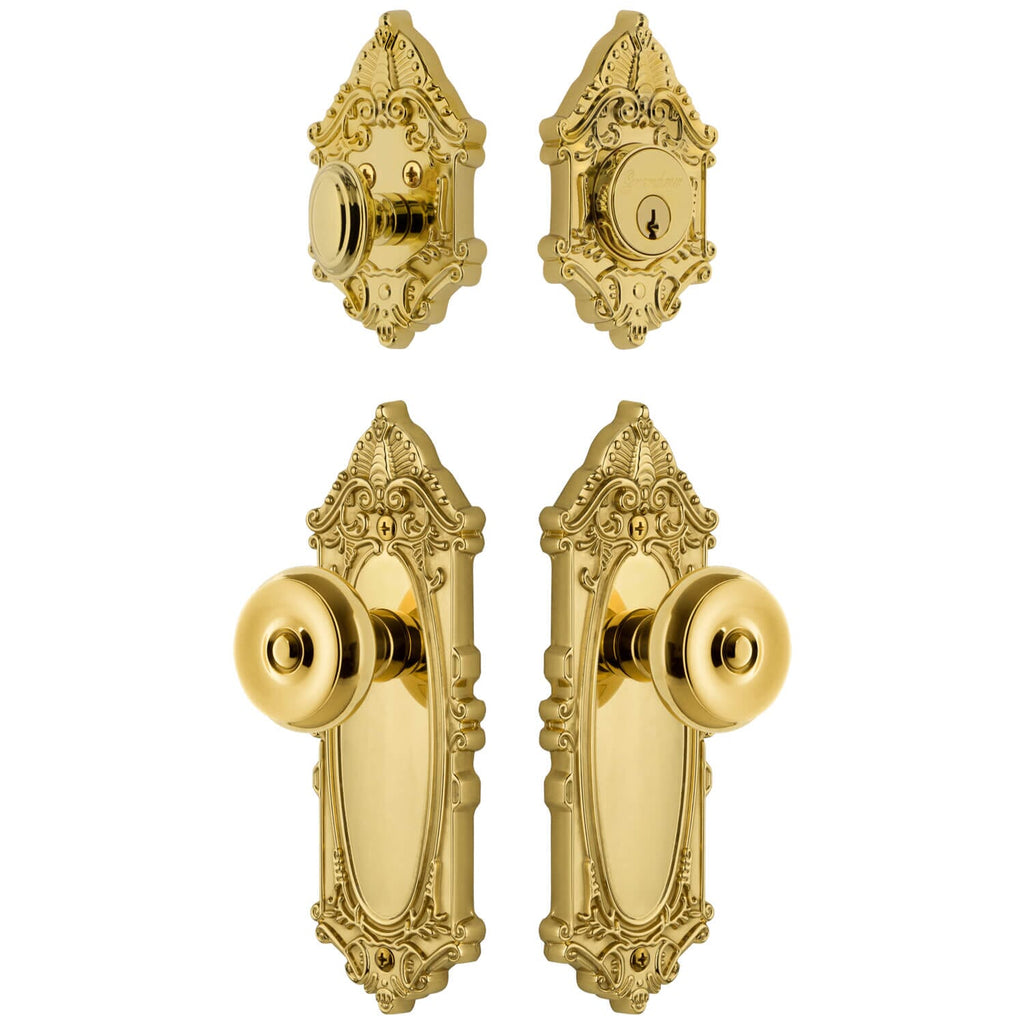 Grande Victorian Long Plate Entry Set with Bouton Knob in Lifetime Brass