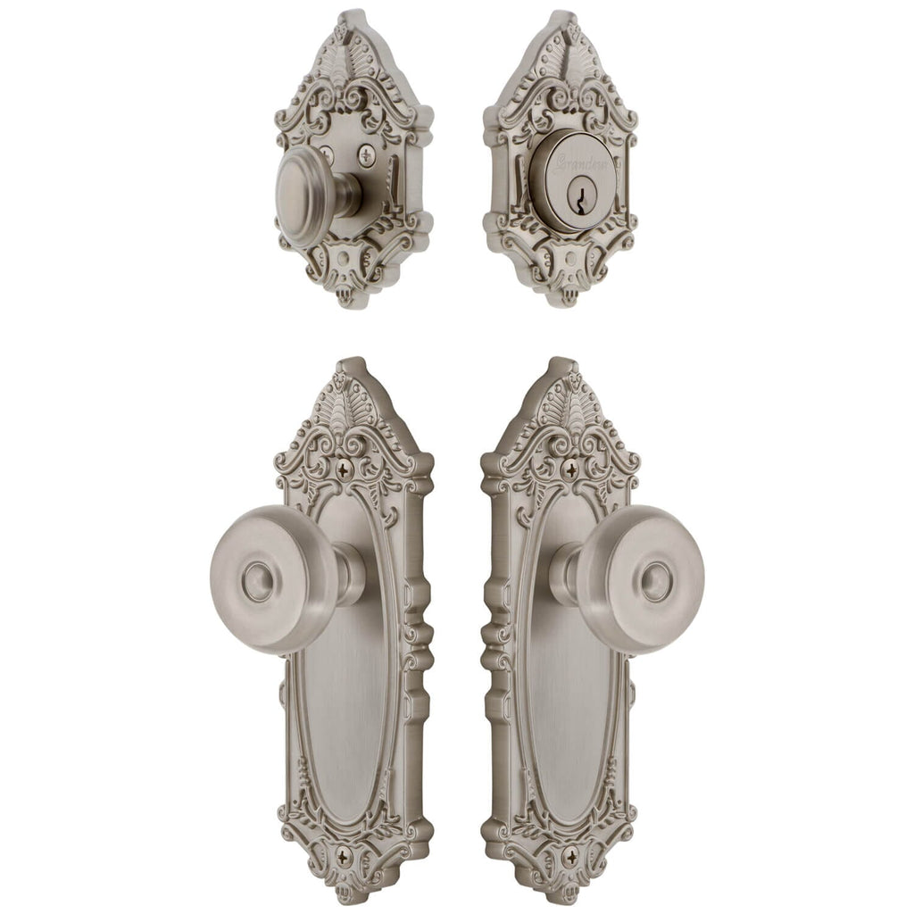 Grande Victorian Long Plate Entry Set with Bouton Knob in Satin Nickel