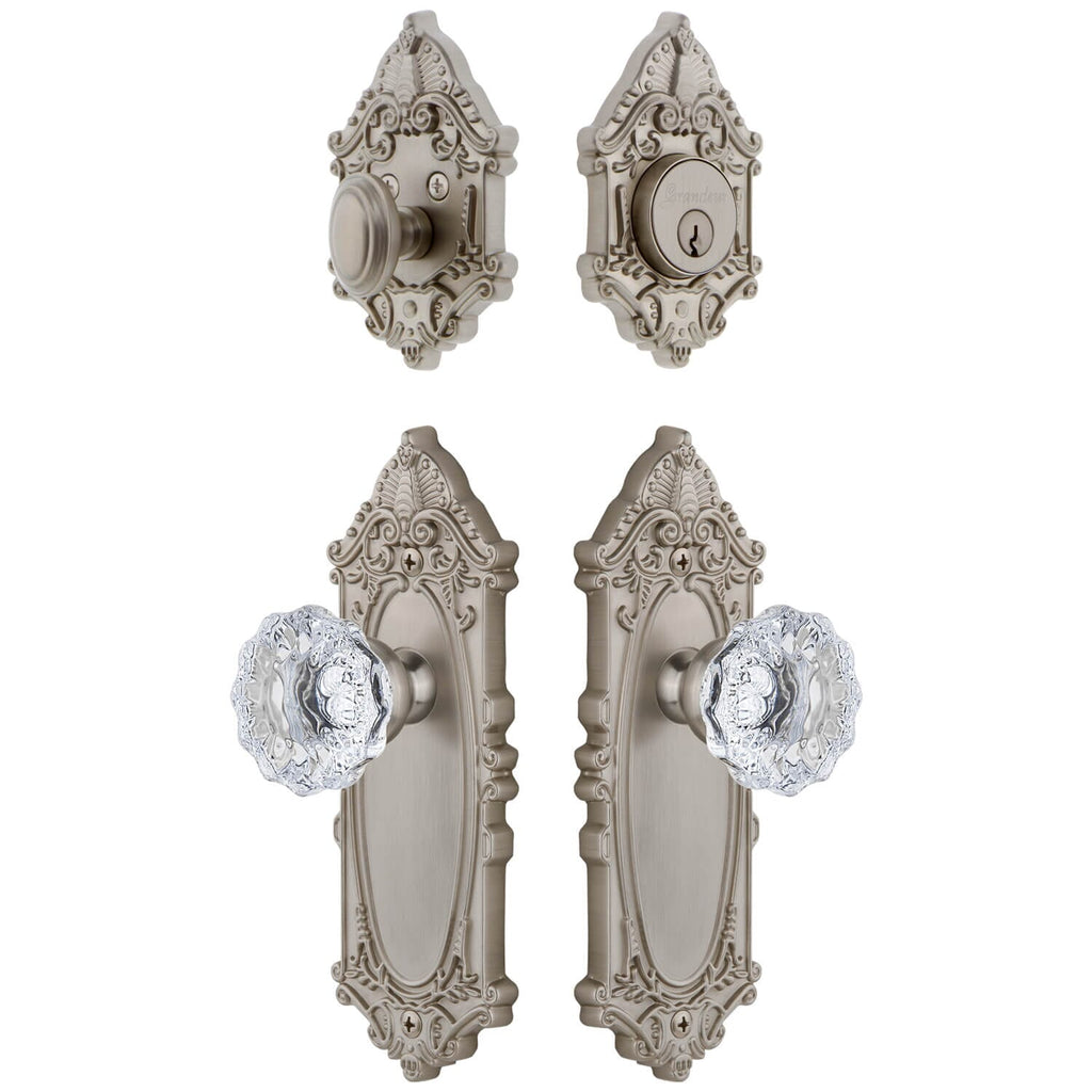 Grande Victorian Long Plate Entry Set with Fontainebleau Crystal Knob in Satin Nickel