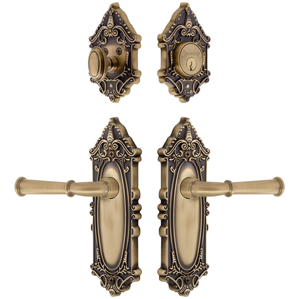 Grande Victorian Long Plate Entry Set with Georgetown Lever in Vintage Brass