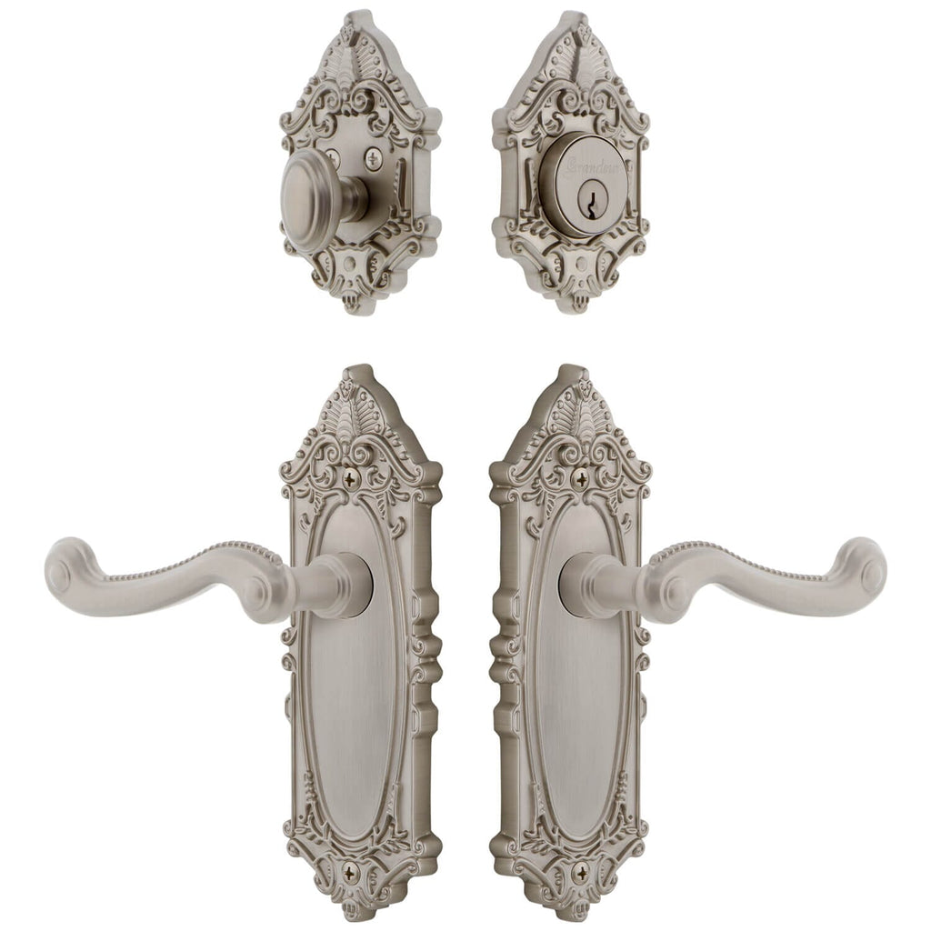 Grande Victorian Long Plate Entry Set with Newport Lever in Satin Nickel