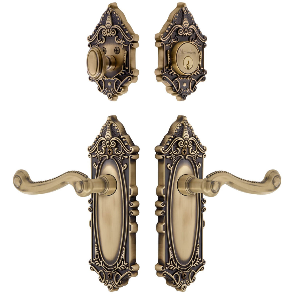 Grande Victorian Long Plate Entry Set with Newport Lever in Vintage Brass