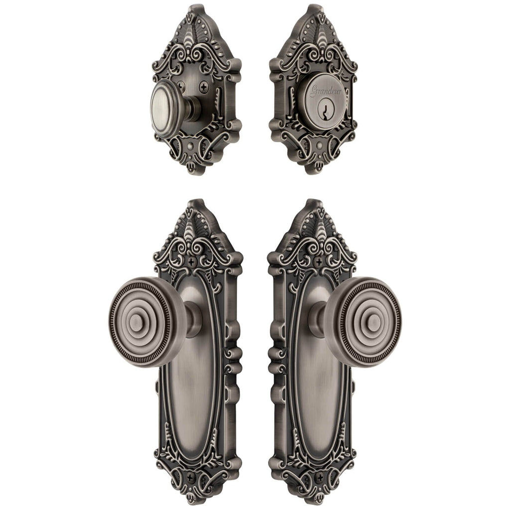 Grande Victorian Long Plate Entry Set with Soleil Knob in Antique Pewter