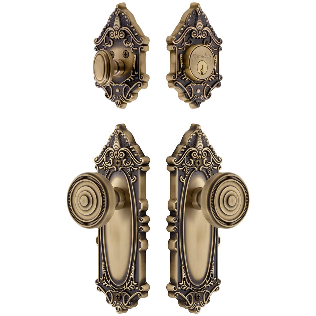 Grande Victorian Long Plate Entry Set with Soleil Knob in Vintage Brass