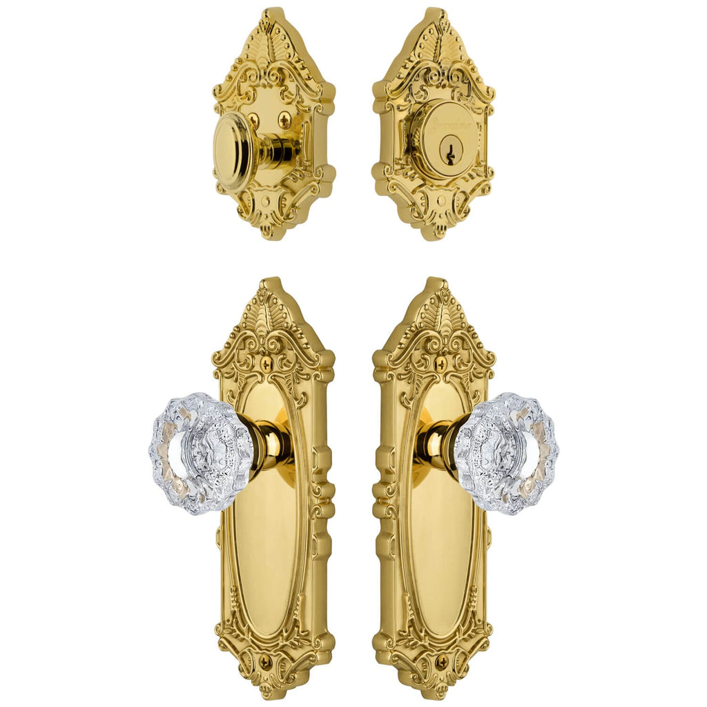 Grande Victorian Long Plate Entry Set with Versailles Crystal Knob in Lifetime Brass