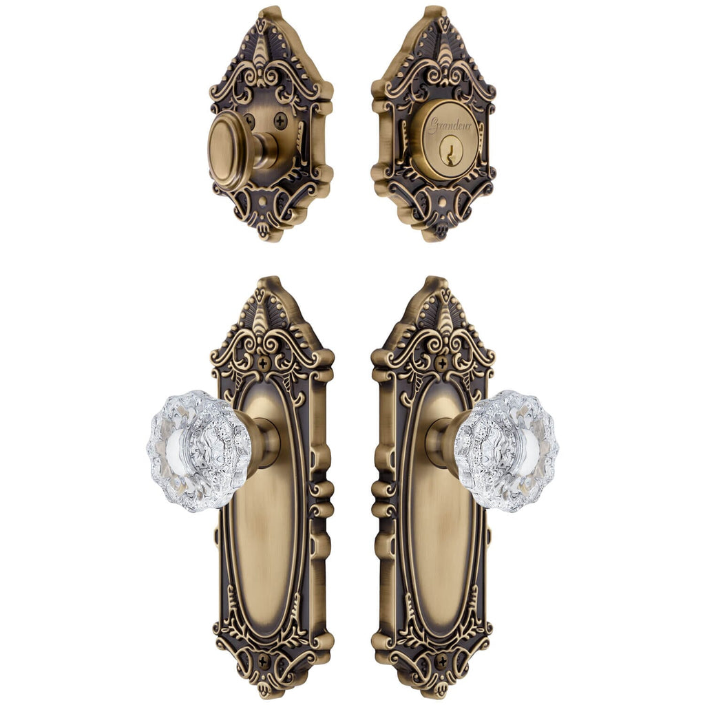 Grande Victorian Long Plate Entry Set with Versailles Crystal Knob in Vintage Brass