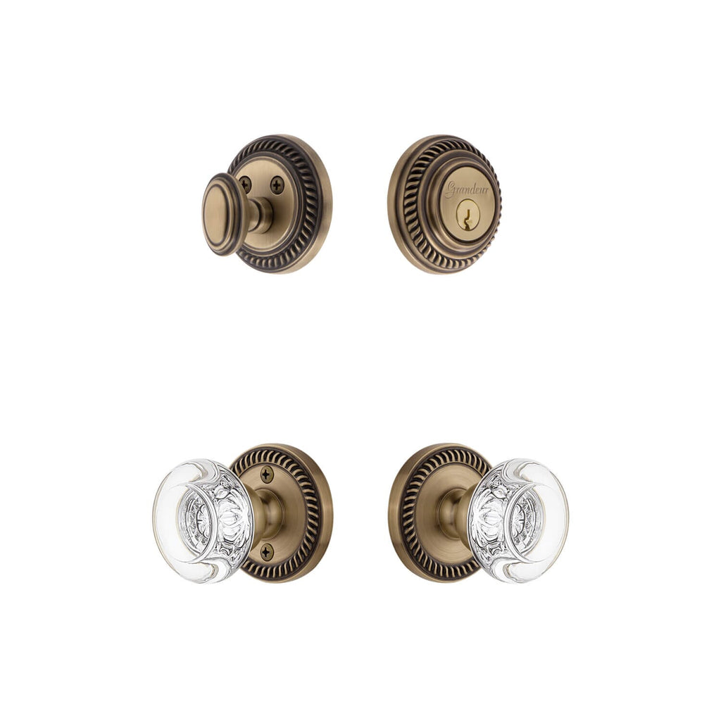 Newport Rosette Entry Set with Bordeaux Crystal Knob in Vintage Brass