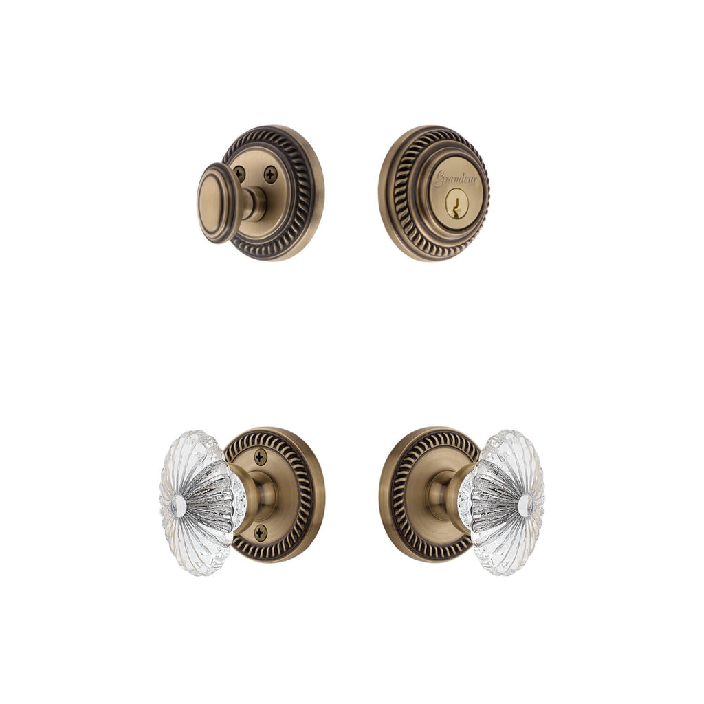 Newport Rosette Entry Set with Burgundy Crystal Knob in Vintage Brass